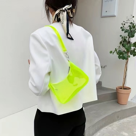 Womens NEW Y2K Neon Yellow PVC Zipper Shoulder Bag Clutch Travel Makeup Purse - Picture 4 of 6